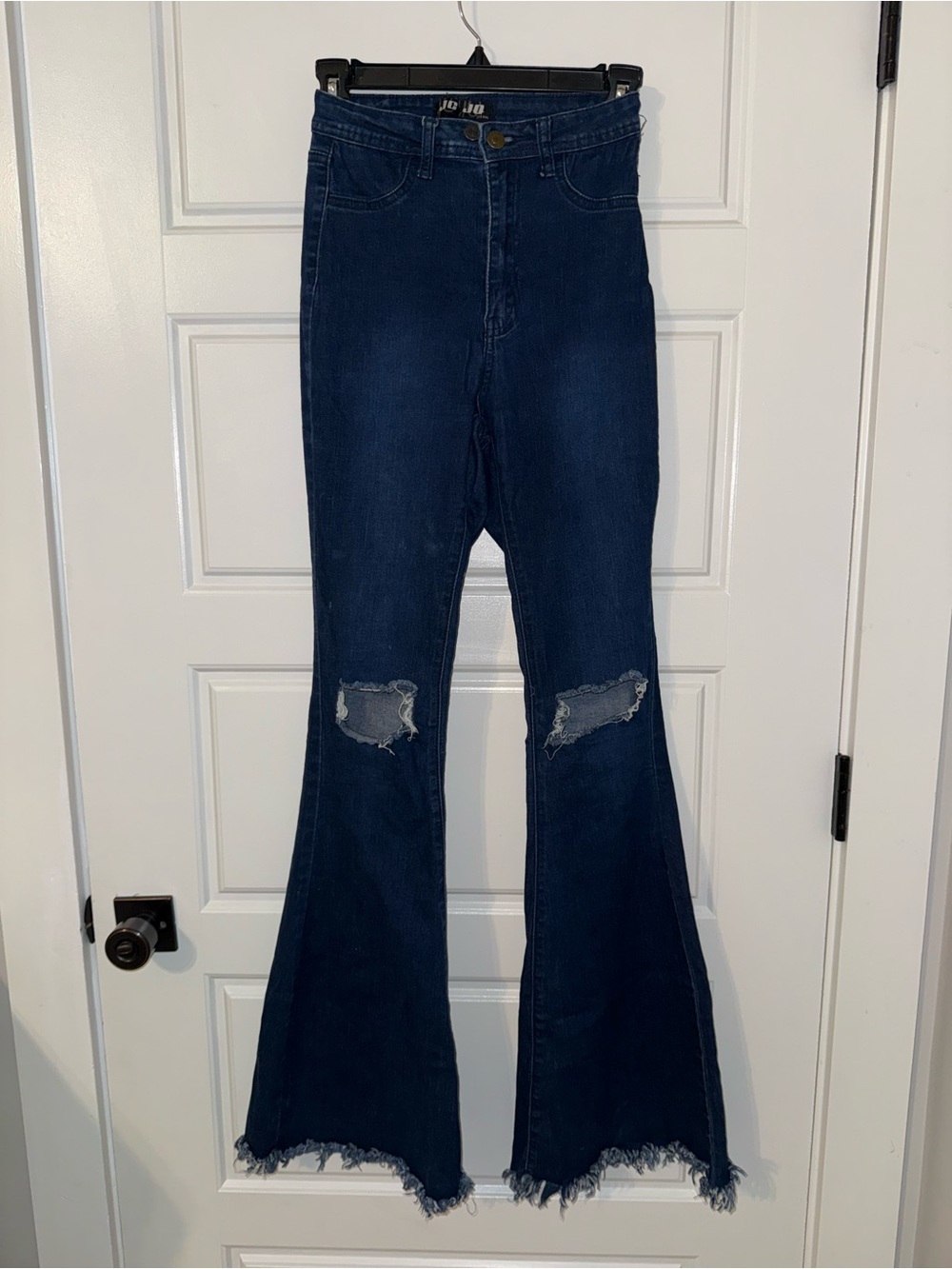 High-Rise Dark Blue Distressed Flare Jeans